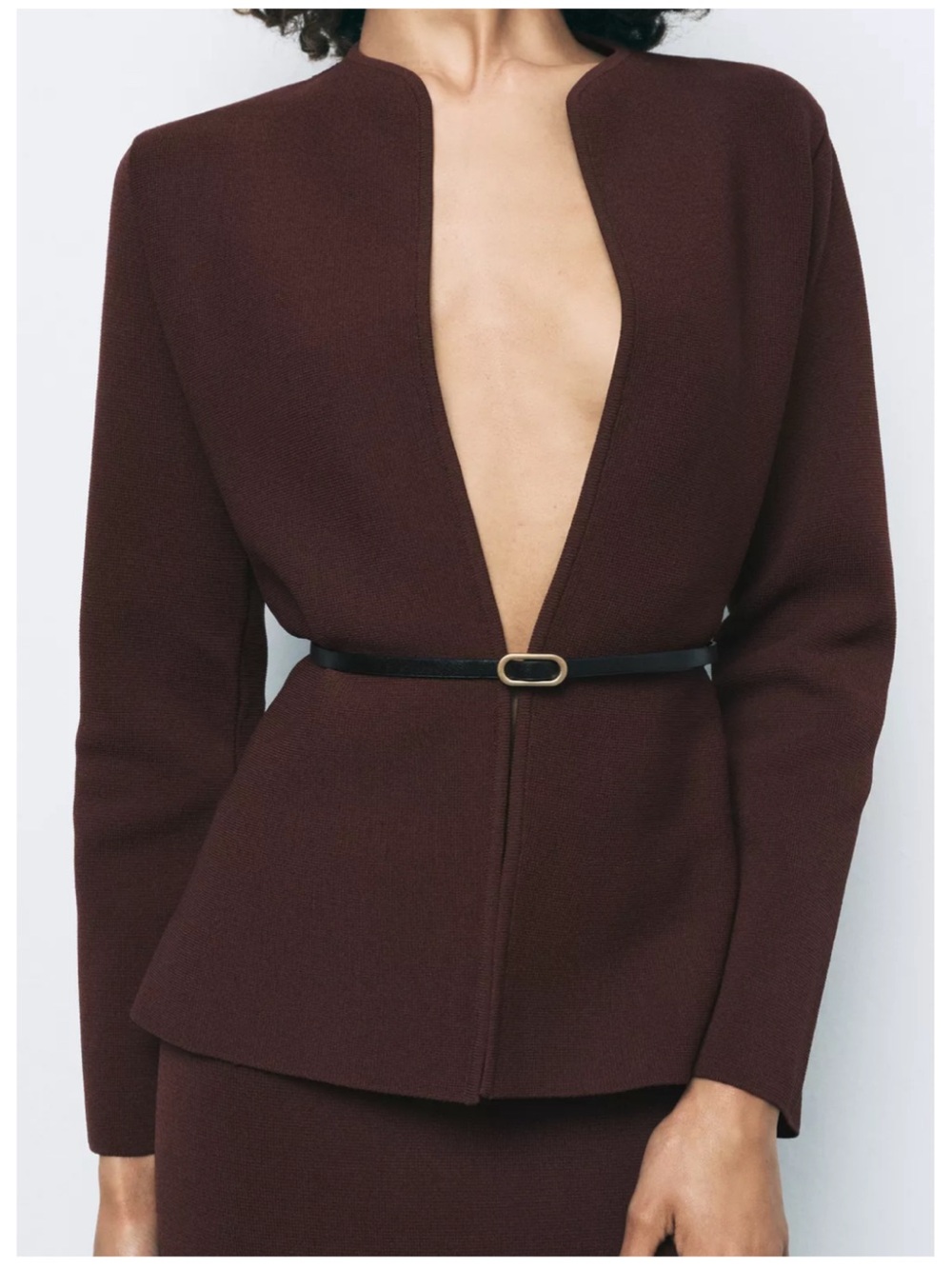 Zara NWT Deep Brown Burgundy Open-Front belted cardigan Blazer stretchy knit